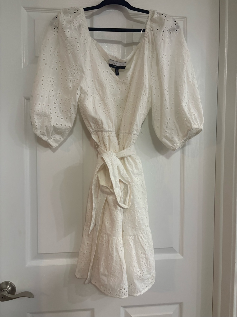 Eloquii White Eyelet Puff-Sleeve Tie-Waist Midi Dress